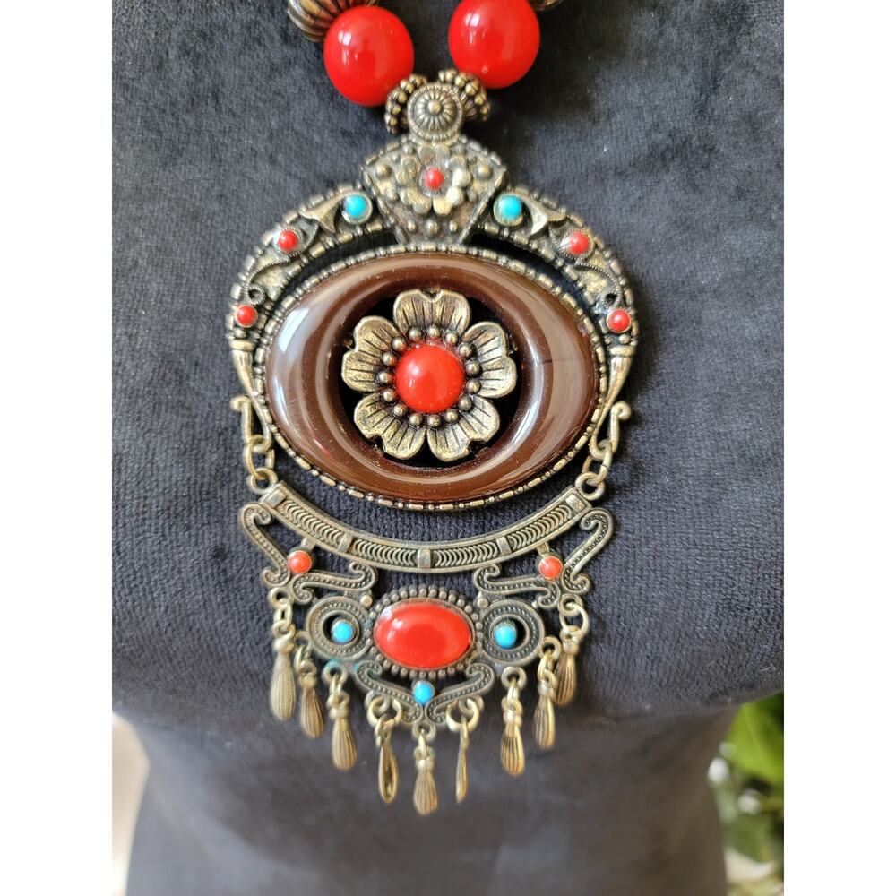 Women's Bohemian Antique Brass Statement Necklace With Lobster Clasp Red Beads - Picture 3 of 7